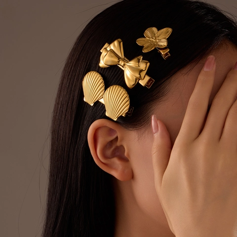 Pinzas Para El Pelo De Mujer De Acero Inoxidable Chapado En Oro Con Diseño De Concha Lazo Flor Horquilla Elegante Moda