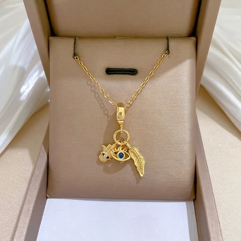 Böser Blick Feder Hand Der Fatima Anhänger Halskette Gold Plattiert Edelstahl Kette Kupfer Mikro Pave Schmuck Damen