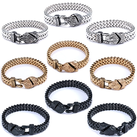 Men Woven Chain Bracelet Stainless Steel Viking Wolf Snake Dragon Head Retro Punk Gothic Jewelry Nordic Mythology