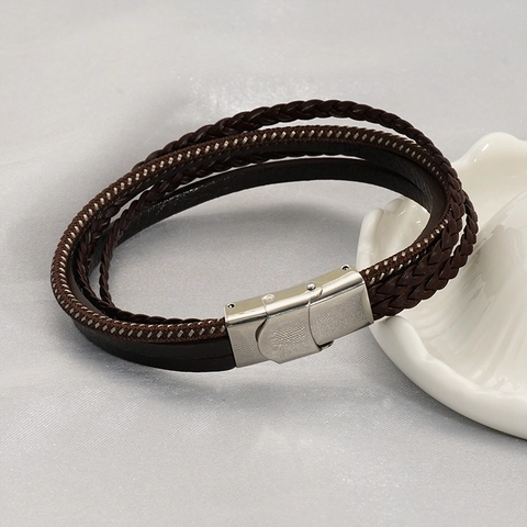 Men Multi-layer Braided Leather Bracelet With Stainless Steel Magnetic Clasp Punk Vintage Style Trendy Wristband