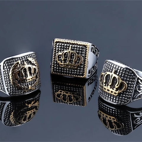 Anillo Sigillo Corona Vintage Acciaio Inossidabile Oro Argento Bicolore Rilievo Texture Punk Hip Hop Gioielli Uomini