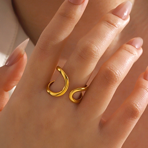Irregular Line Hollow Ring Stainless Steel Vacuum Gold Plated Adjustable Minimalist Hip Hop Exaggerated Jewelry For Women
