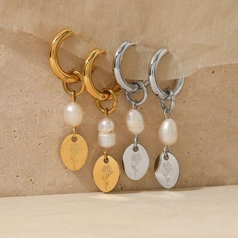 Pendientes De Aro Acero Inoxidable Perla Barroca Artificial Y Colgante Rosa Estilo Retro Francés Elegante Para Mujer