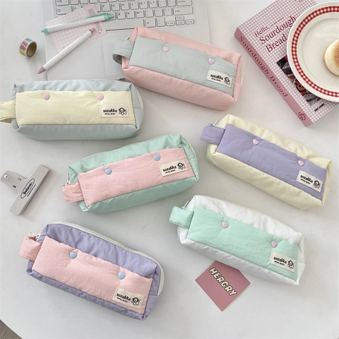 Large Capacity Pencil Case Polyester Contrast Color Zippered Stationary Bag With Handle Heart Decor Kawaii Aesthetic
