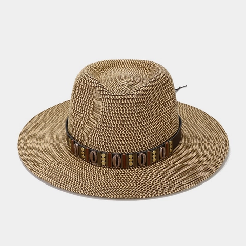 Women Straw Sun Hat Wide Brim Boater Panama Beach Cap With Shell Leather Band Vintage Breathable Adjustable