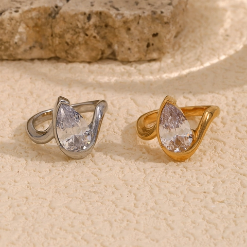 Anillo De Circonita Gota De Agua Acero Inoxidable Chapado Oro 18K Banda Onda Irregular Joyería Para Mujer
