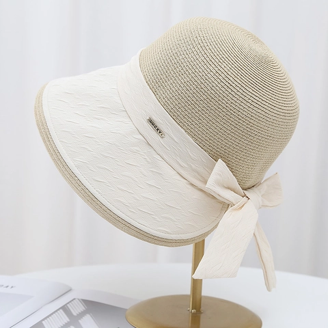 Women Sun Straw Hat Patchwork Fabric Bow Decor Split Back Elegant Vacation Beach Breathable Foldable Fashion Cap