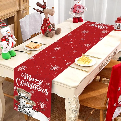 Weihnachts Tischläufer Polyester Rot Schneemann Cowboyhut Schneeflocken Muster Festliche Feiertags Party Deko
