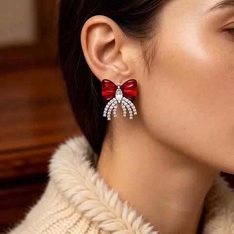 Bowknot Ohrmanschette Rot Harz Zirkon Quaste Ohrklemmen Kupfer Elegant Vintage Schmuck Für Damen