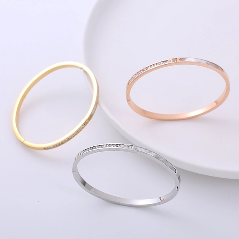 Bracciale Rigido In Acciaio Inossidabile Minimalista Madreperla Conchiglia Intarsiato Zirconia Chiusura A Cerniera Moda Lusso
