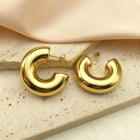 C-Shaped Stud Earrings Stainless Steel High Polish Mirror Gold Tone Minimalist Thick Geometric Jewelry For Women