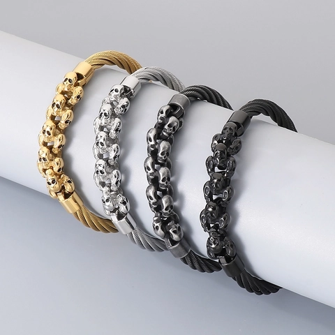 Skull Bangle Bracelet Stainless Steel Wire Cable Punk Gothic Jewelry For Men