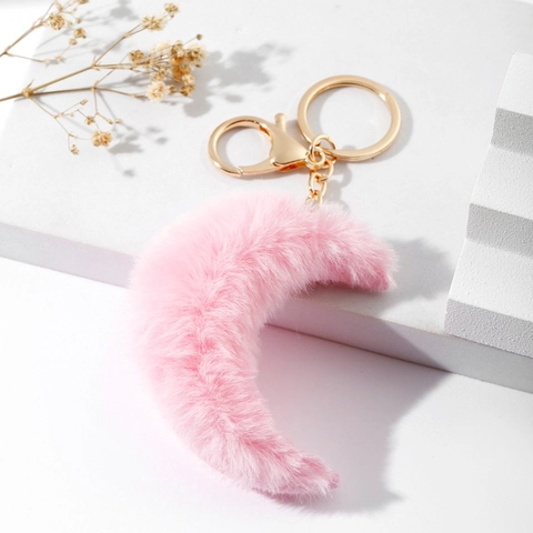 Simpatico Portachiavi a Forma di Luna in Peluche Ciondolo per Borsa in Pelliccia Sintetica Metallo Chiusura a Moschettone Oro
