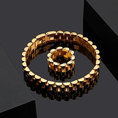 Acero Inoxidable 316L Estilo Correa De Reloj Cadena De Eslabones Pulsera Y Anillo Joyería Para Hombre Moda De Negocios