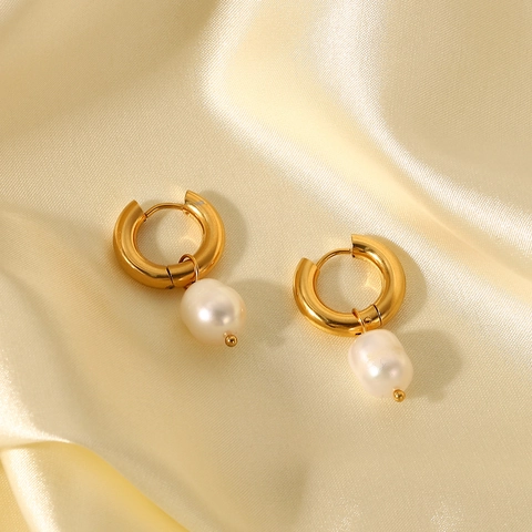 Women's 18K Gold Plated 316L Stainless Steel Hoop Earrings With Natural Freshwater Pearl Pendant Personalized INS Style Jewelry