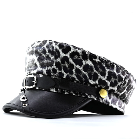 Berretto Newsboy Maculato Pelliccia Sintetica Pelle PU Stile Militare Cappello Baker Boy Con Cintura Rivetto Vintage Donne