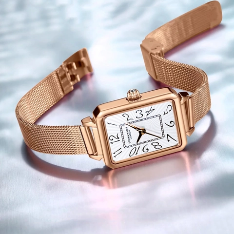 Montre À Quartz Élégante Pour Femmes Boîtier Rectangulaire Étanche Or Rose Bracelet En Maille Milanaise Bracelet En Cuir Mode