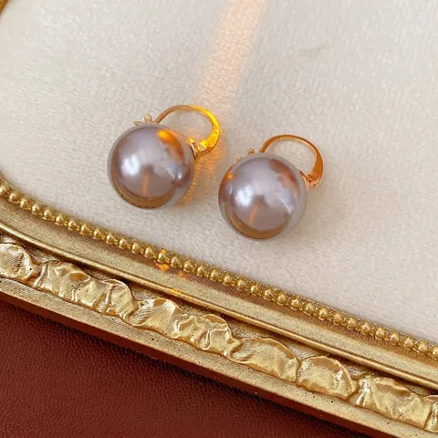 French Vintage Round Grey Faux Artificial Pearl Hoop Earrings With Gold Plated Copper And Silver Earring Post Elegant Jewelry