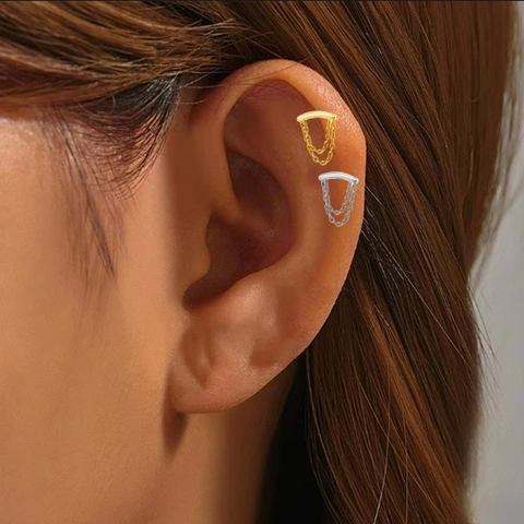 Internally Threaded Lip Stud Copper Stainless Steel Rhinestone Crown Bat Double Chain Ear Cartilage Piercing Jewelry