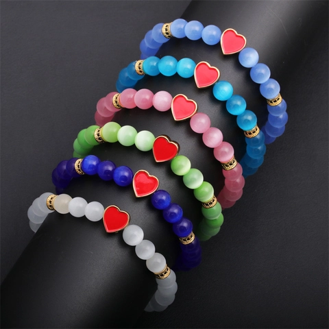Cat's Eye Beaded Bracelet Heart Pendant Copper Enamel Elastic Wristband Romantic Chic Jewelry For Women