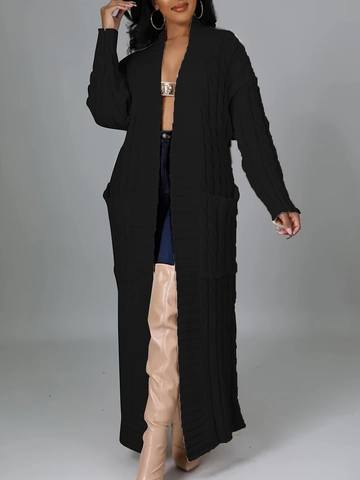 Women Long Cardigan Sweater Black Cable Knit Long Sleeve Open Front Side Pockets Casual Knitwear Solid Coat