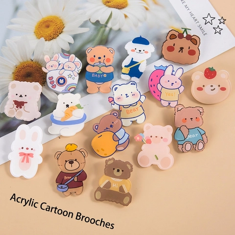 Cute Cartoon Animal Brooch Pin Acrylic Bear Rabbit Badges For Clothes Bag Decoration Ins Style Accessory For Kids Girls