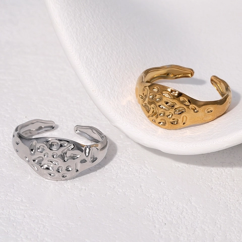 Anillo Abierto Martillado Acero Inoxidable Chapado En Oro De 18K Lava Textura Irregular Joyería Ajustable Mujer