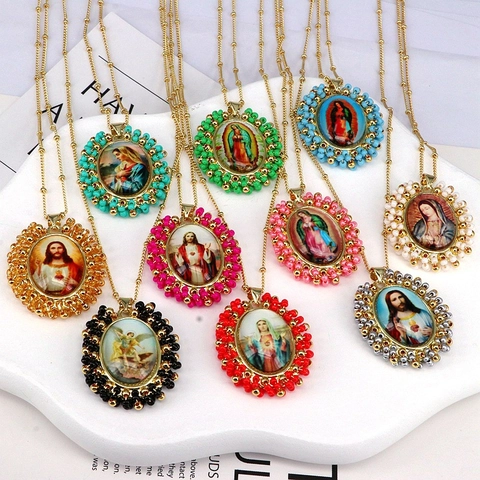Religious Portrait Pendant Necklace Copper Plated Seed Beads Oval Virgin Mary Sacred Heart Jesus Vintage Bohemian Ethnic Jewelry