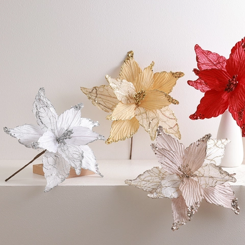 Artificial Christmas Poinsettia Flowers Glitter Fabric Beads Decorative Stems For Xmas Tree Party Home Decor