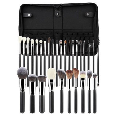 Collezione Pennelli Trucco Professionali Manico Legno Fibra Sintetica Tubo Alluminio Con Borsa Pelle PU Viso Occhi