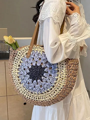 Round Straw Shoulder Bag Handwoven Sunflower Pattern Summer Beach Vacation Tote PU Leather Straps Women Large Capacity