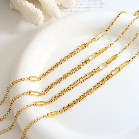 Bracciale Doppia Catena Acciaio Titanio Placcato Oro 18K Gioielli Natale Per Donna Minimalista Regolabile