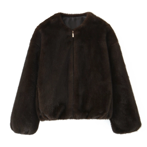 Chaqueta Bomber De Piel Sintética Para Mujer Corta Con Cremallera Manga Larga Color Sólido Elegante Chic Cálida De Invierno