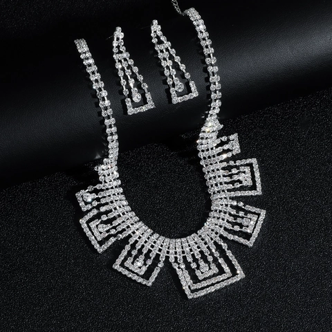Collana E Orecchini In Lega Di Strass Lucidi Gioielli Da Donna Tono Argento Geometrico Gioielli Da Banchetto Nuziale Accessorio