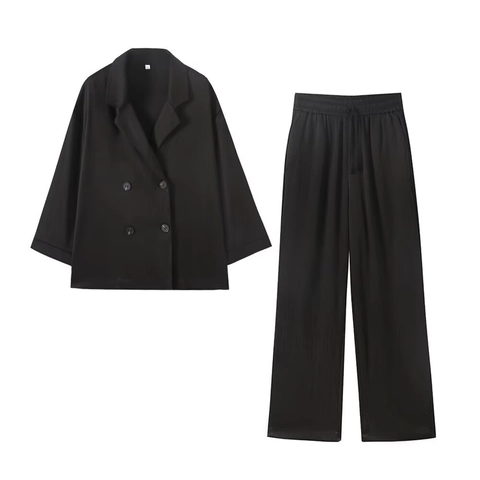 Dames Casual Blazer En Broek Set Double Breasted Plissé Textuur Pak Blazer En Wijde Pijpen Broek Voor Kantoor