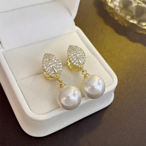 Zirkon Blatt Künstliche Perlenohrringe Mit Silbernem Ohrstecker Französisches Vintage Vergoldeter Schmuck Für Damen