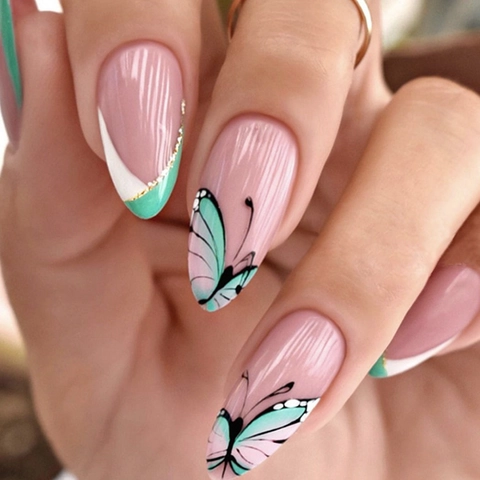 Unghie Finte Press On French Tip Forma Mandorla Verde Bianco Motivo Farfalla Unghie Artificiali Stile Elegante Lungo Per Donne