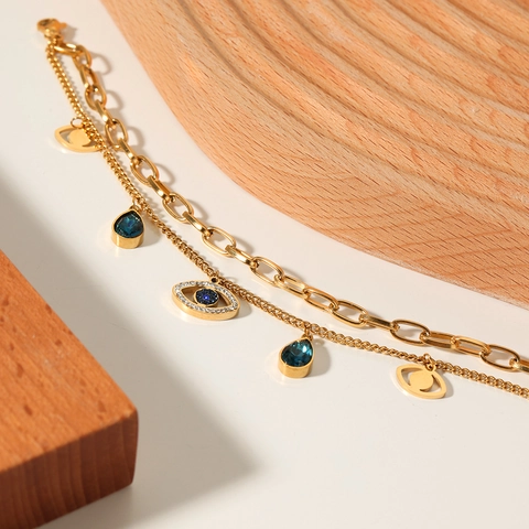 Evil Eye Doppelreihiges Armband Edelstahl 18K Vergoldet Blauer Edelstein Zirkon Böhmischer Schmuck Für Frauen