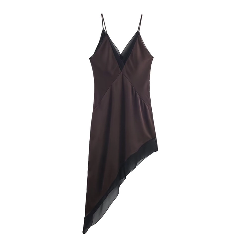 Satin Midi-Kleid V-Ausschnitt Spitze Patchwork Asymmetrischer Saum Ärmellos Schokoladenbraun Elegant Damen