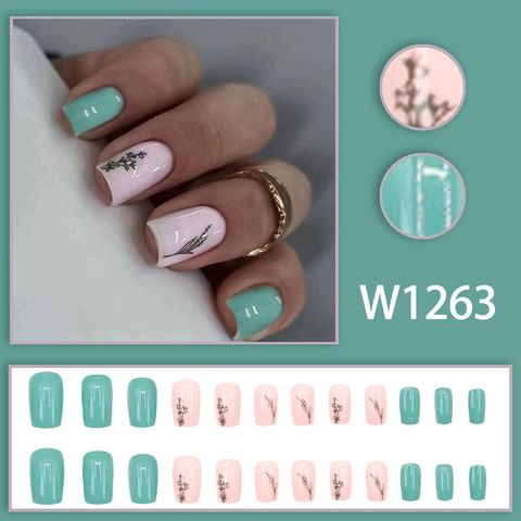 Floral Mint Green Press On Nails Short Square Glossy Fake Nails Artificial Fingernails For Women