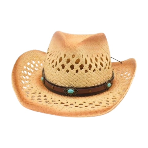 Western Cowboy Straw Hat Hollow Out Breathable Wide Brim Sun Protection Beach Travel Bohemian Turquoise Decor Vintage