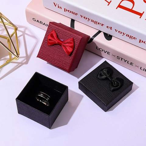 Square Jewelry Gift Box Textured Paper Ring Earring Storage Case With Ribbon Bow Knot Sponge Insert