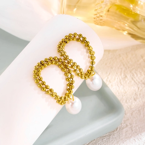Collana o Orecchini in Acciaio al Titanio con Perla Artificiale per Donna Elegante Catena a Sfere d'Oro Chiusura a T Gioielli Vintage