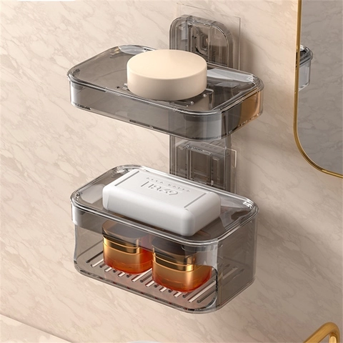 Portasapone Da Parete Plastica Trasparente Design A Più Livelli Scatola Di Sapone Bagno Senza Foratura Supporto Drenaggio