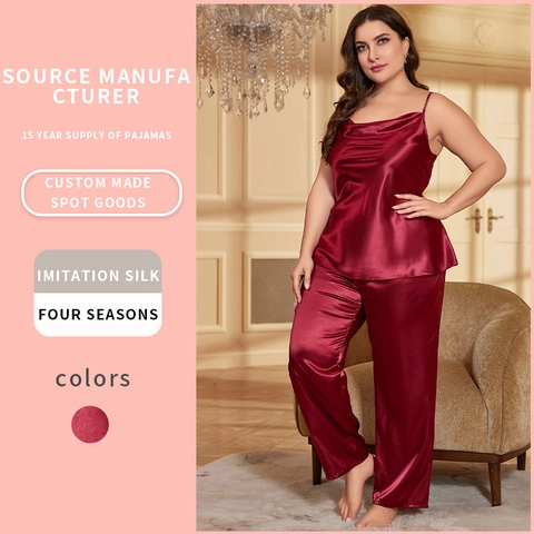 Plus Size Women Pajama Camisole Top And Long Pants Satin Imitation Satin Wine Red Cowl Neck Sleepwear Loungewear