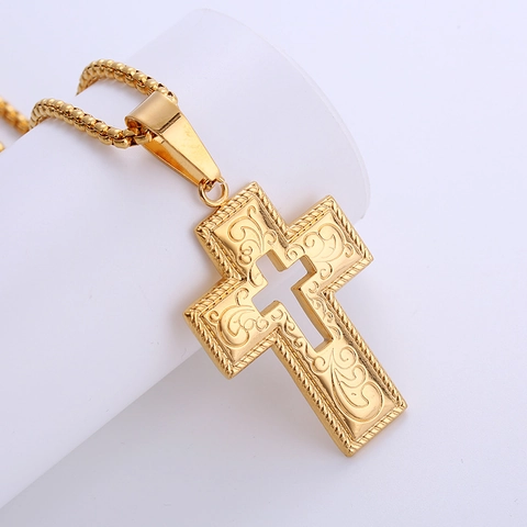 Gothic Cross Pendant Necklace 18K Gold Plated 316L Stainless Steel Embossed Scroll Hollow Vintage Jewelry For Men Women