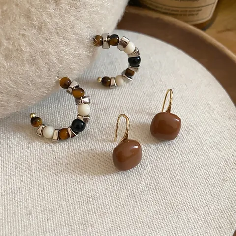 Orecchini A Cerchio A C Con Perline In Pietra Occhio Di Tigre E Pendenti Quadrati Con Perno In Argento Sterling 925 Da Donna