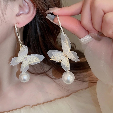 Schmetterling Künstliche Perlen Ohrhänger Mesh Tüll Legierung Straß Lang Mit Silber Ohrstecker Elegant Damen Schmuck