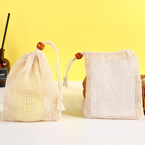 Natural Cotton Linen Soap Foaming Bag Mesh Scrubber Pouch With Wood Bead For Shower Bathing Exfoliating