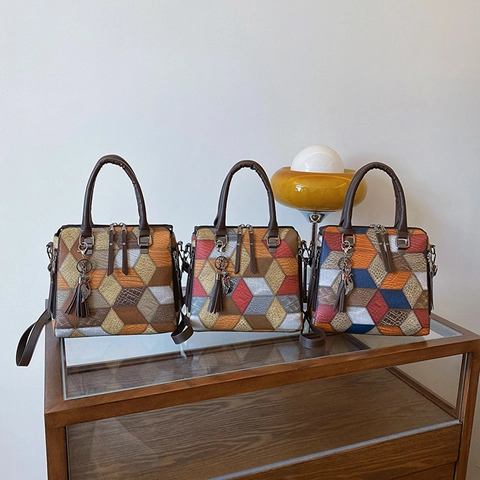 Γυναικεία Τσάντα Tote Patchwork PU Δέρμα Γεωμετρικό Μοτίβο Διαμαντιών Τσάντα Χιαστί Με Φούντα Μενταγιόν Γάτα Ρυθμιζόμενο Λουράκι